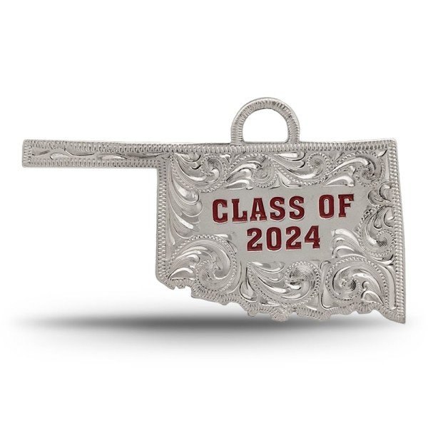 Celebrate your Oklahoma pride with the Oklahoma Tassel Charm! Crafted on a hand-engraved German Silver base and featuring customizable lettering, this charm is perfect for your graduation cap. Add your class, year, and school colors to make it uniquely yo